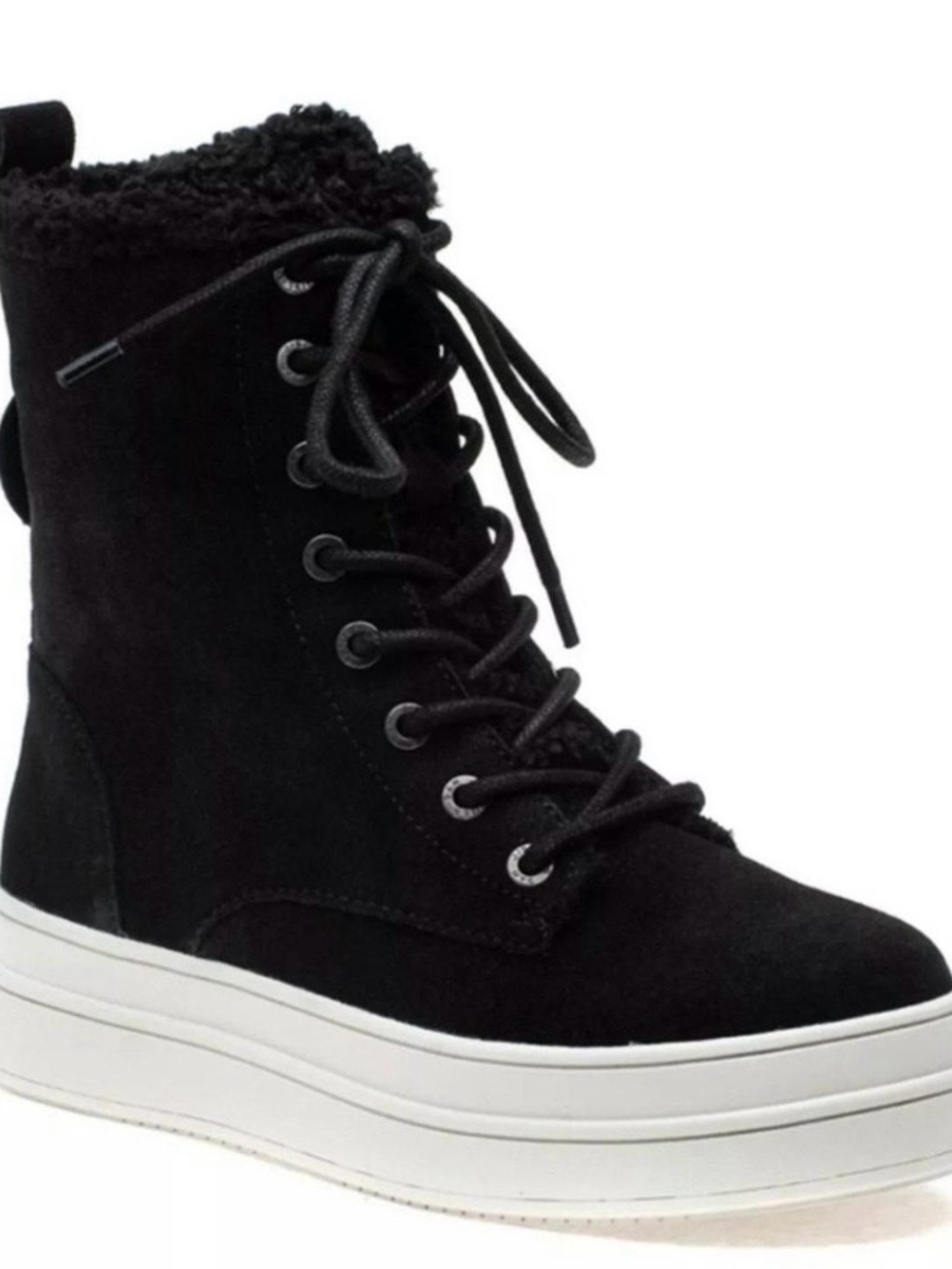 J Slides Black Lace-Up Platform Ankle Boot with Shearling Collar